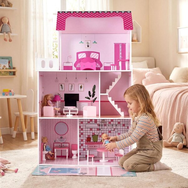 FANTASK Casa delle Bambole in Legno 120,5 cm con 3 Piani e 17 Mobili per Bambini