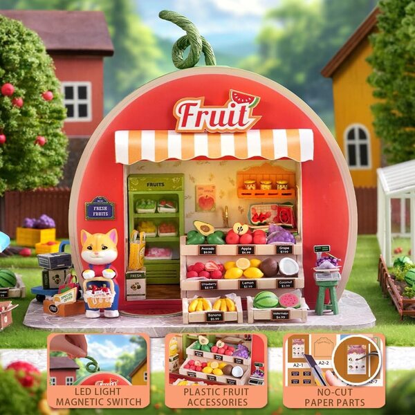 LED-Miniaturhaus-Bausatz aus Holz zum Zusammenbauen, wassermelonenförmige Bücherregaldekoration
