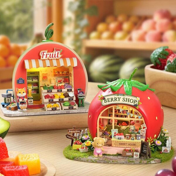 LED-Miniaturhaus-Bausatz aus Holz zum Zusammenbauen, wassermelonenförmige Bücherregaldekoration