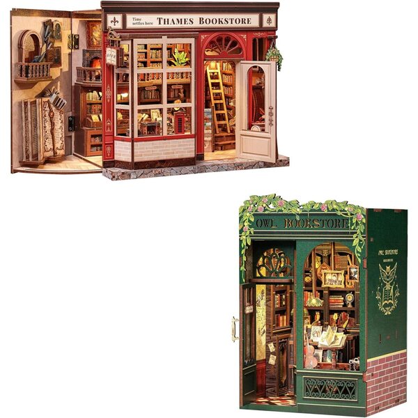 CUTEBEE Book Nook Kit - Miniatura Maison De bambole con Luci LED e Libreria Britannica