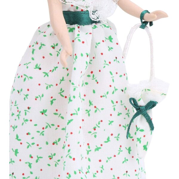 1:12 Miniatur-Porzellanpuppe mit grünem Kleid und Puppenstubenständer