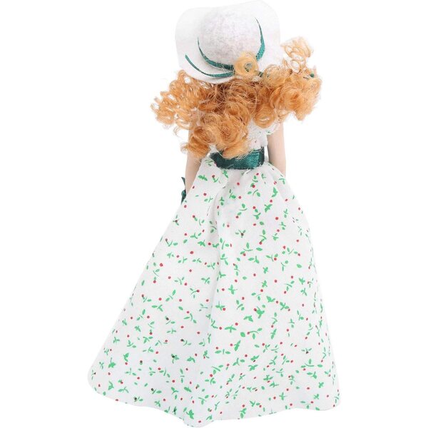 1:12 Miniatur-Porzellanpuppe mit grünem Kleid und Puppenstubenständer