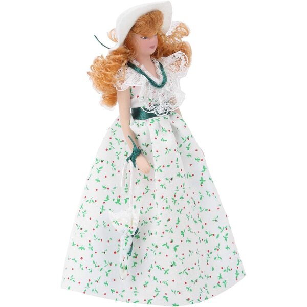 1:12 Miniatur-Porzellanpuppe mit grünem Kleid und Puppenstubenständer