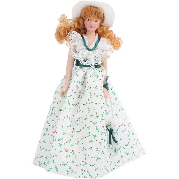 1:12 Miniatur-Porzellanpuppe mit grünem Kleid und Puppenstubenständer