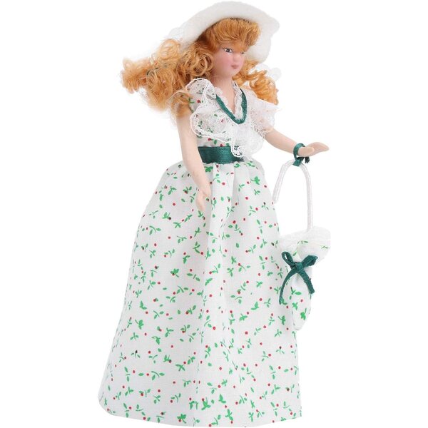 1:12 Miniatur-Porzellanpuppe mit grünem Kleid und Puppenstubenständer