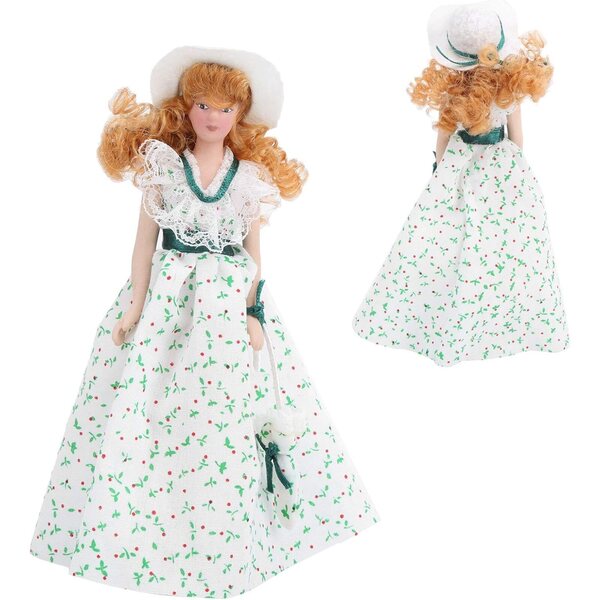 1:12 Miniatur-Porzellanpuppe mit grünem Kleid und Puppenstubenständer