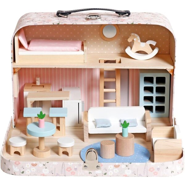 Casa delle bambole portatile in valigia legno rosa 2 piani con accessori per bambini