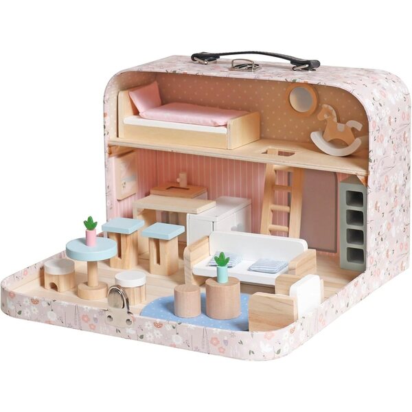 Casa delle bambole portatile in valigia legno rosa 2 piani con accessori per bambini
