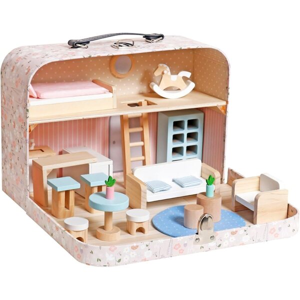 Casa delle bambole portatile in valigia legno rosa 2 piani con accessori per bambini