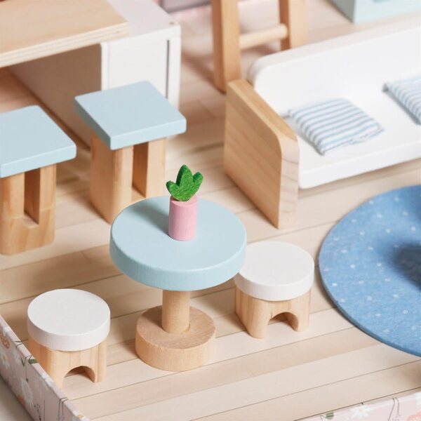 Casa delle bambole portatile in valigia legno rosa 2 piani con accessori per bambini