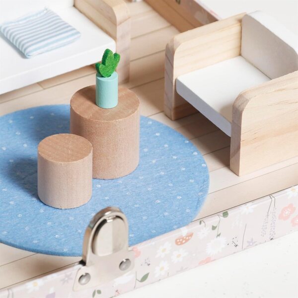 Casa delle bambole portatile in valigia legno rosa 2 piani con accessori per bambini