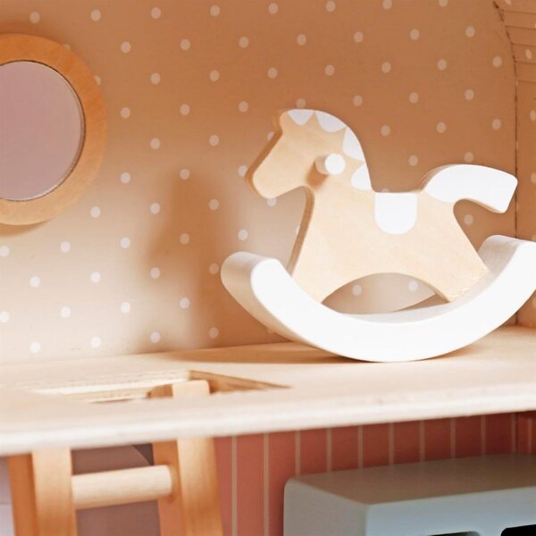 Casa delle bambole portatile in valigia legno rosa 2 piani con accessori per bambini