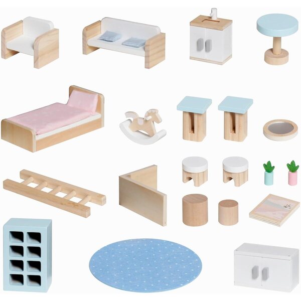 Casa delle bambole portatile in valigia legno rosa 2 piani con accessori per bambini