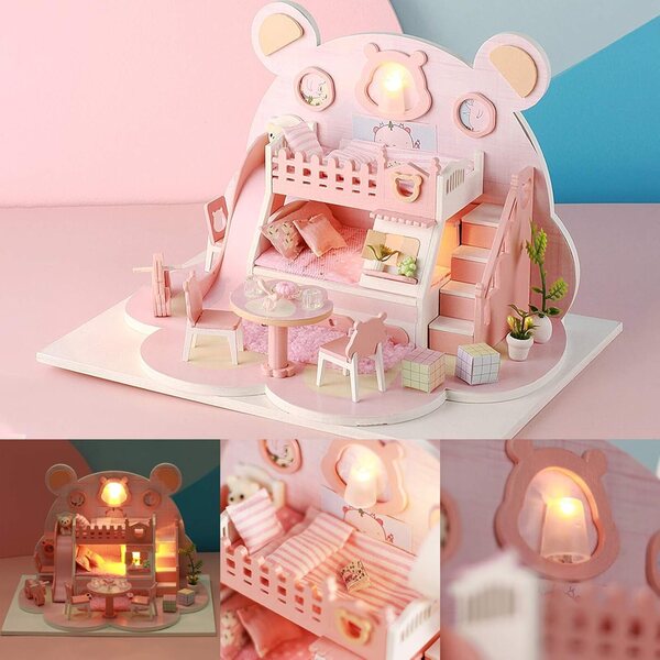 Casa delle Bambole in Legno da Montare con LED, Kit Miniatura 1:24, Regalo Creativo