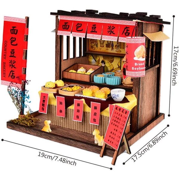 Casa delle bambole cinese in legno fai-da-te con mobili e stand gastronomici 3D