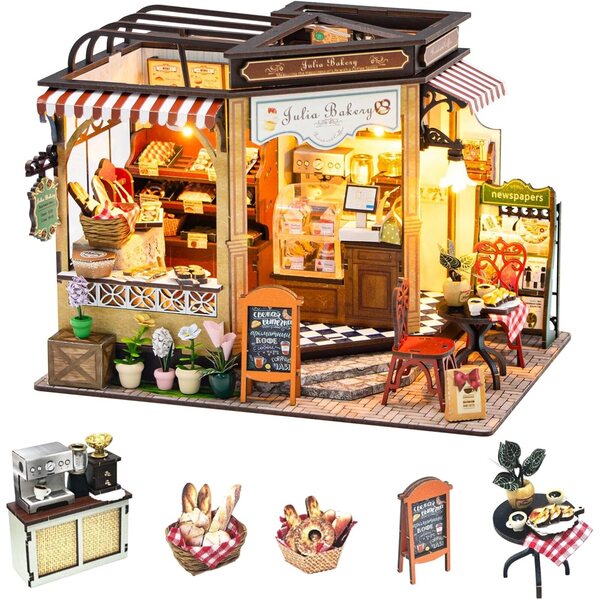 CUTEROOM Mini-Puppenhaus-Bausatz aus Holz, Mini-Bäckerei mit LED und Musik, Julias Café