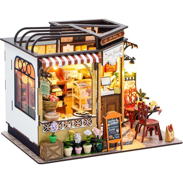 CUTEROOM Mini Casa delle Bambole Legno Kit Mini Panetteria con LED e Musica Julia's Café