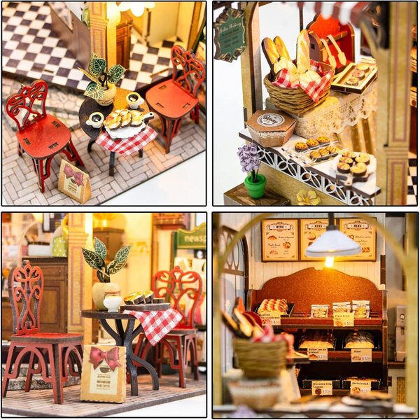 CUTEROOM Mini Casa delle Bambole Legno Kit Mini Panetteria con LED e Musica Julia's Café