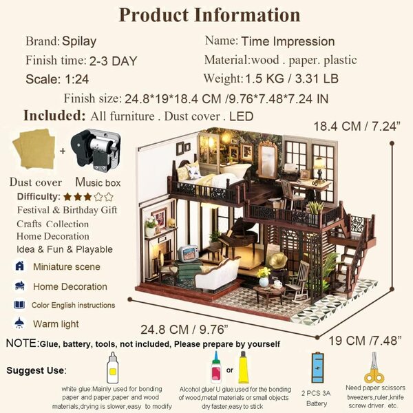 Spilay Kit casa di bambola in legno fai da te 1:24 con mobili, musica e LED
