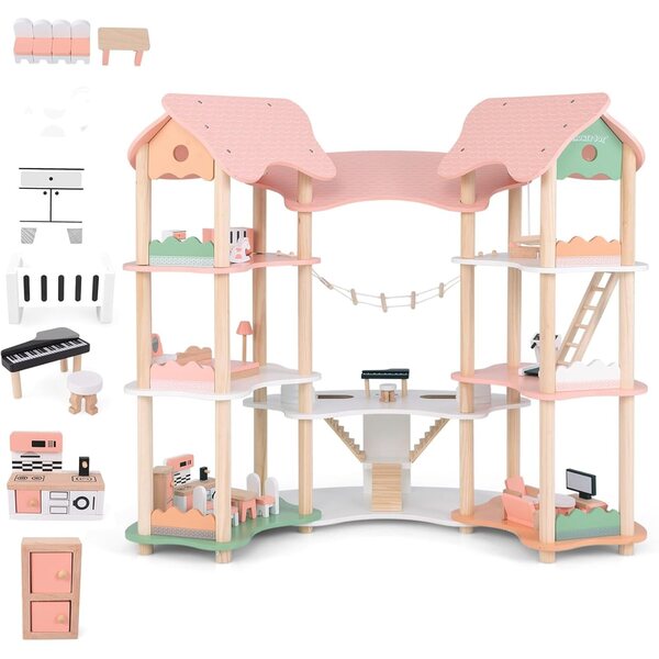 Casa delle Bambole in Legno per Bambini su 3 Livelli con 31 Accessori, Gioco Creativo