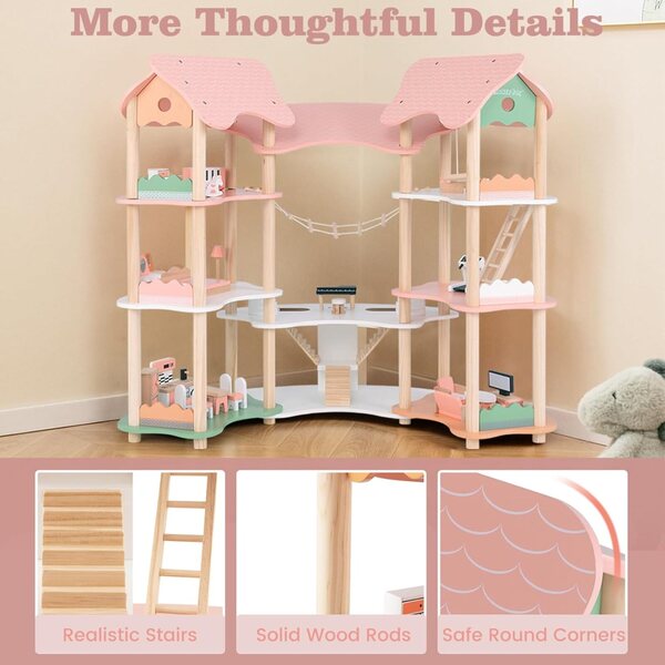 Casa delle Bambole in Legno per Bambini su 3 Livelli con 31 Accessori, Gioco Creativo