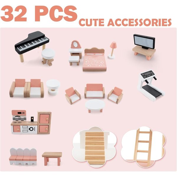 Casa delle Bambole in Legno per Bambini su 3 Livelli con 31 Accessori, Gioco Creativo
