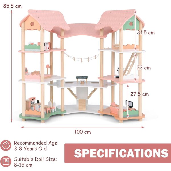Casa delle Bambole in Legno per Bambini su 3 Livelli con 31 Accessori, Gioco Creativo