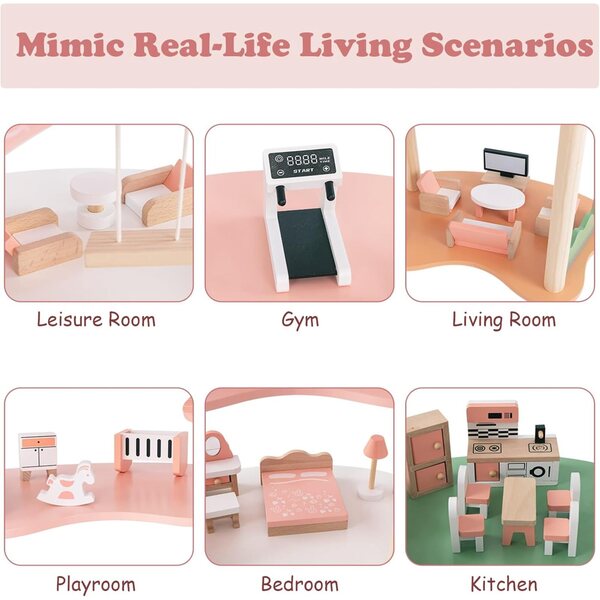 Casa delle Bambole in Legno per Bambini su 3 Livelli con 31 Accessori, Gioco Creativo