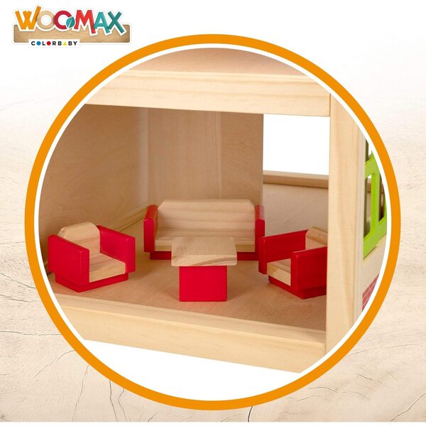 WOOMAX Casa delle Bambole in Legno 2 Piani con Mobili e 4 Personaggi - Gioco Educativo 3+
