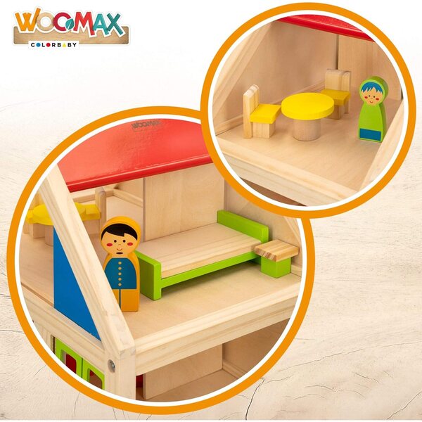 WOOMAX Casa delle Bambole in Legno 2 Piani con Mobili e 4 Personaggi - Gioco Educativo 3+