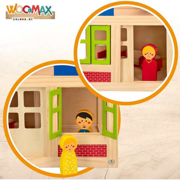 WOOMAX Casa delle Bambole in Legno 2 Piani con Mobili e 4 Personaggi - Gioco Educativo 3+