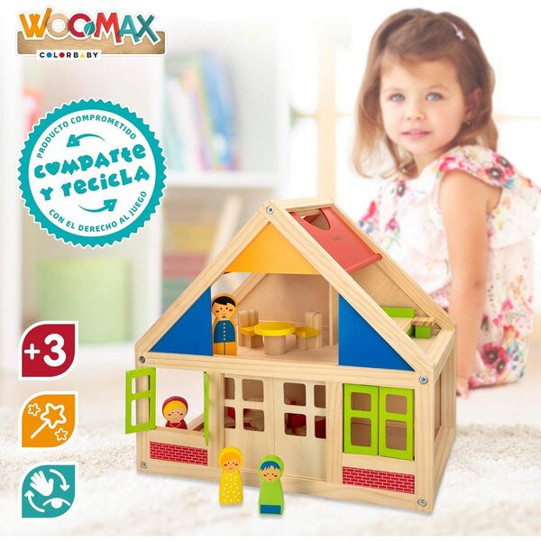 WOOMAX Casa delle Bambole in Legno 2 Piani con Mobili e 4 Personaggi - Gioco Educativo 3+