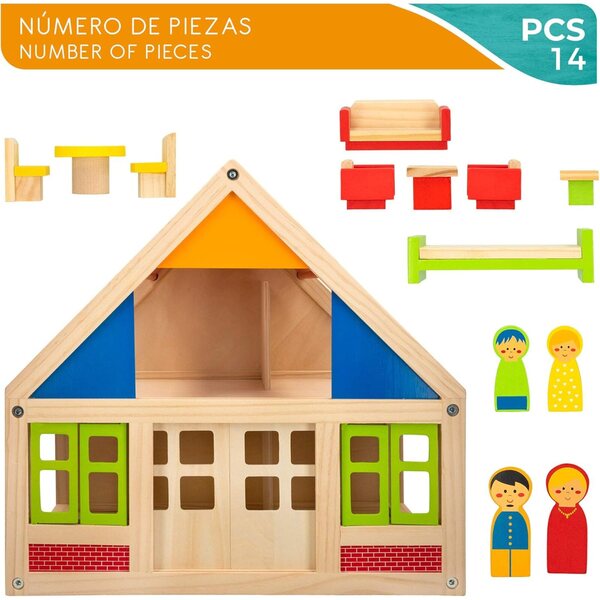 WOOMAX Casa delle Bambole in Legno 2 Piani con Mobili e 4 Personaggi - Gioco Educativo 3+
