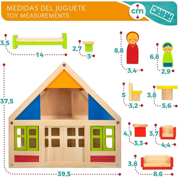 WOOMAX Casa delle Bambole in Legno 2 Piani con Mobili e 4 Personaggi - Gioco Educativo 3+