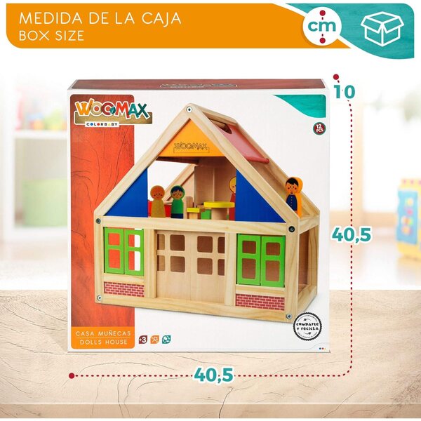 WOOMAX Casa delle Bambole in Legno 2 Piani con Mobili e 4 Personaggi - Gioco Educativo 3+