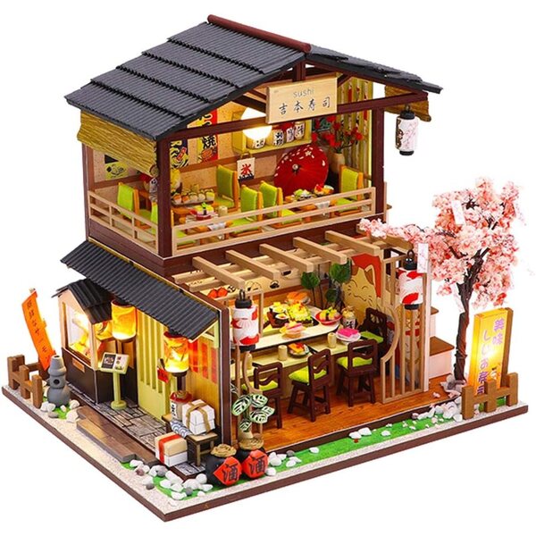 Casetta in Legno Giapponese DIY con LED e Musica, Kit Miniatura 3D con Mobili