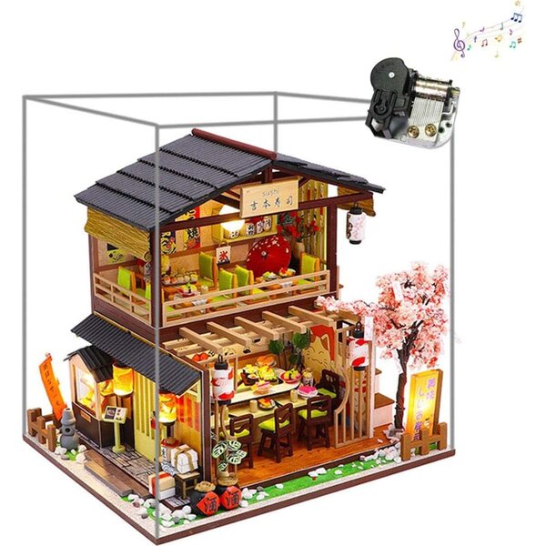 Casetta in Legno Giapponese DIY con LED e Musica, Kit Miniatura 3D con Mobili