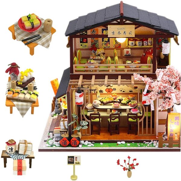 Casetta in Legno Giapponese DIY con LED e Musica, Kit Miniatura 3D con Mobili