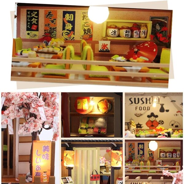 Casetta in Legno Giapponese DIY con LED e Musica, Kit Miniatura 3D con Mobili