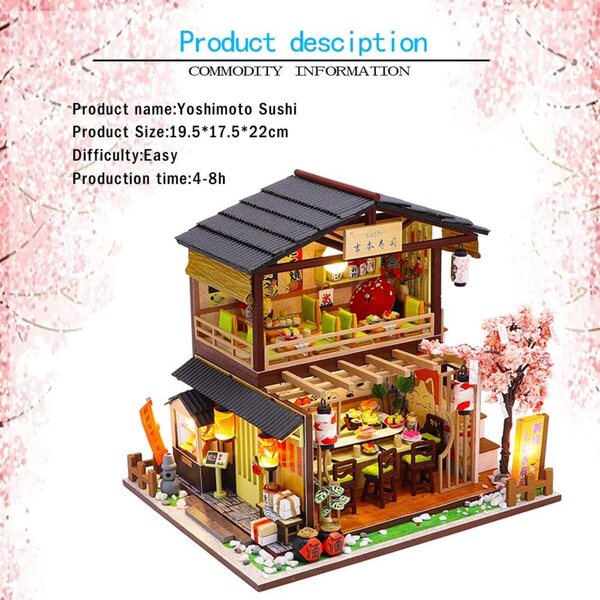 Casetta in Legno Giapponese DIY con LED e Musica, Kit Miniatura 3D con Mobili