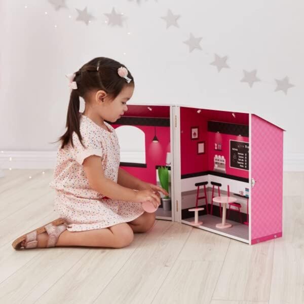 Casa delle bambole City Café in legno rosa per bambini con accessori e portabilità