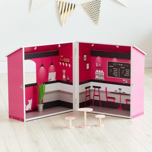 Casa delle bambole City Café in legno rosa per bambini con accessori e portabilità