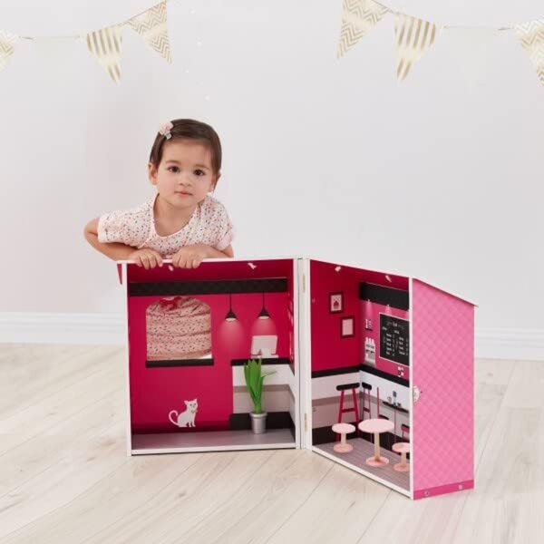 Casa delle bambole City Café in legno rosa per bambini con accessori e portabilità