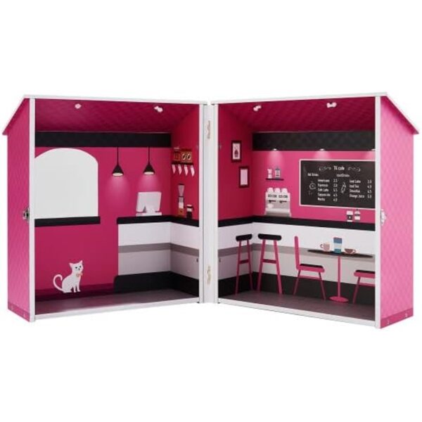 Casa delle bambole City Café in legno rosa per bambini con accessori e portabilità
