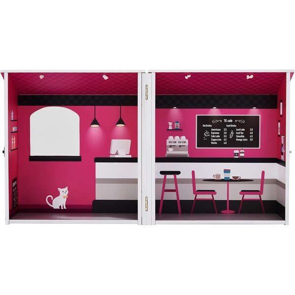 Casa delle bambole City Café in legno rosa per bambini con accessori e portabilità