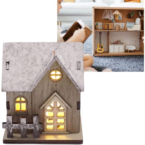 Casa delle bambole natalizia in legno con luce LED, miniatura sicura per bambini dai 3 anni in su