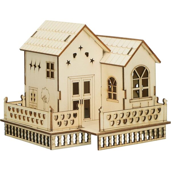 Ornement villa in legno con luci calde e scintillanti, decorazione da tavolo unica
