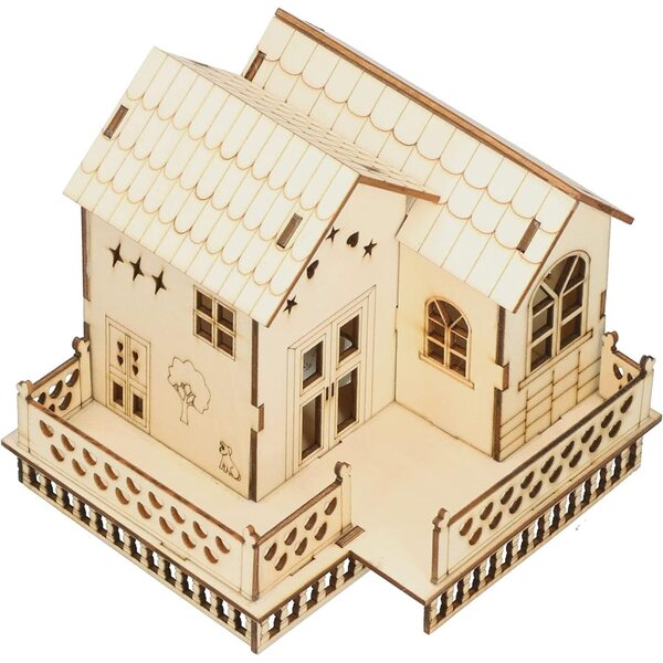 Ornement villa in legno con luci calde e scintillanti, decorazione da tavolo unica
