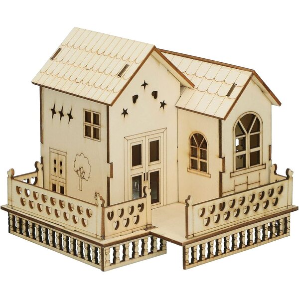 Ornement villa in legno con luci calde e scintillanti, decorazione da tavolo unica