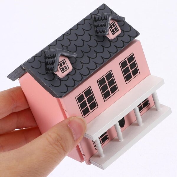 Villa Miniatura in Legno Rosa per Casa delle Bambole, Decorazione Artigianale Elegante
